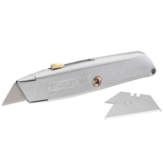 STANLEY 2-10-099 silver utility knife with exposed blade and two replacement blades, angled product photo.