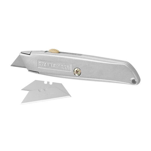 Photo of STANLEY 2-10-099 silver utility knife with two spare blades, side angle on white background.