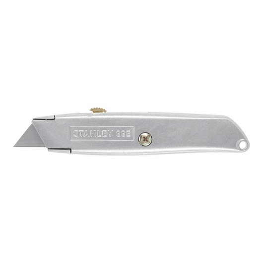 Photo of STANLEY 2-10-099 silver utility knife, side view, with retractable blade and metal body.
