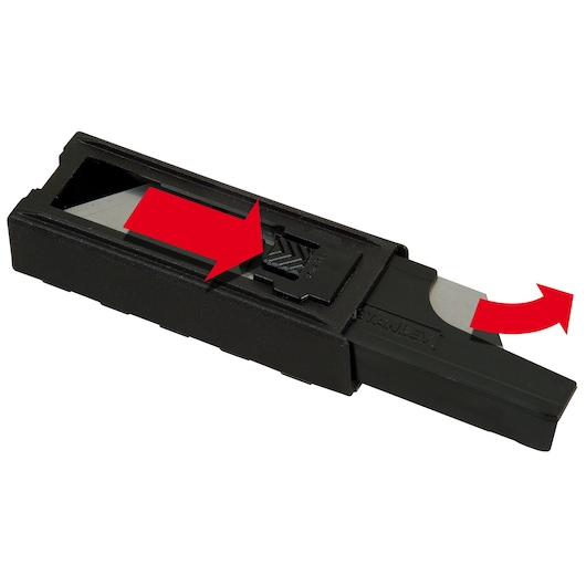STANLEY 2-11-700 utility blade dispenser in black, shown at an angle with red arrows indicating blade ejection.