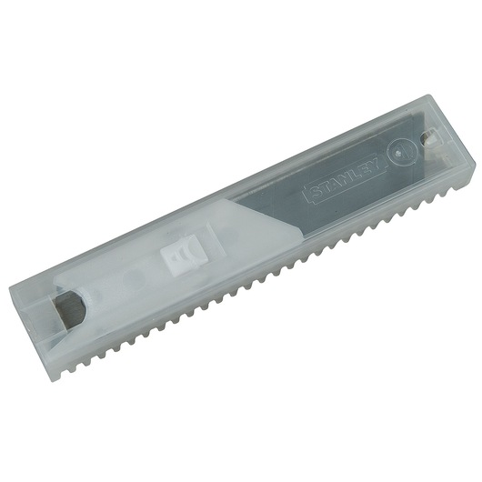 STANLEY 2-11-718 utility knife blades in translucent plastic case, angled top view, photography product.