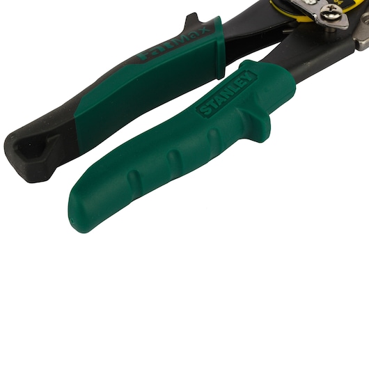 STANLEY 2-14-564 aviation snips, green and black ergonomic handles, angled view, white background.