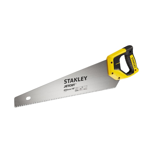 Stanley Jetcut hand saw with yellow and black handle, 450mm blade, for woodworking and cutting tasks.