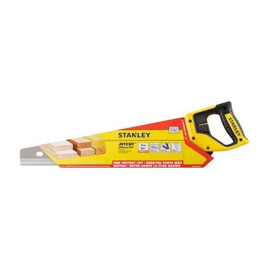 STANLEY 2-15-288 hand saw with yellow and black handle, JetCut 500mm, product packaging, front angle.