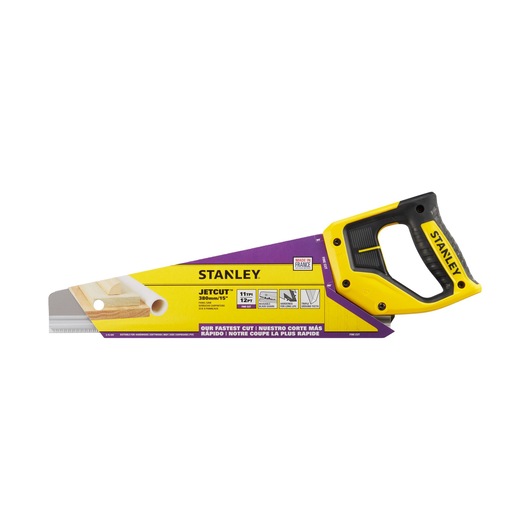 STANLEY 2-15-594 hand saw with yellow and black ergonomic handle, JetCut 380mm, side view on white background.
