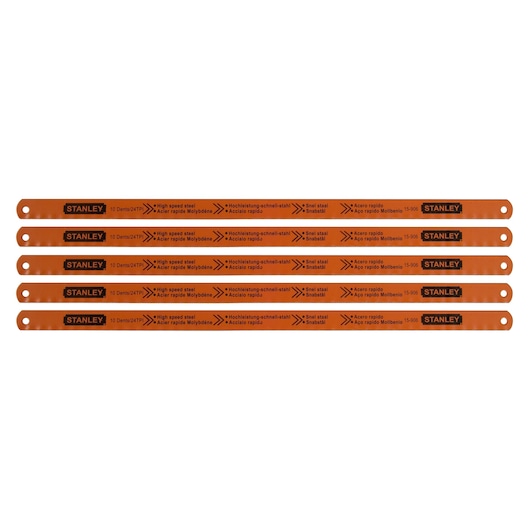 Set of five orange STANLEY high speed steel saw blades with product details printed on each blade.