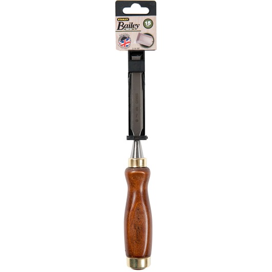 STANLEY 2-16-387 wood chisel with wooden handle, front view on white background.