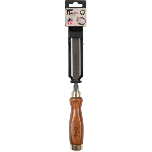 STANLEY 2-16-391 wood chisel with varnished wooden handle, photographed from the front on white background.