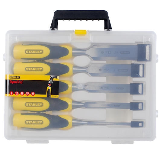 Photo of STANLEY 2-16-885 chisel set with yellow and black handles in a transparent plastic case, top view.