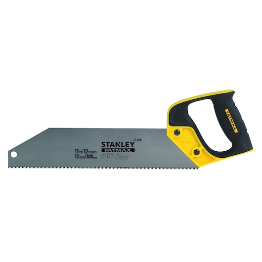 STANLEY 2-17-206 hand saw with yellow and black ergonomic handle, straight blade, side angle, photography product.