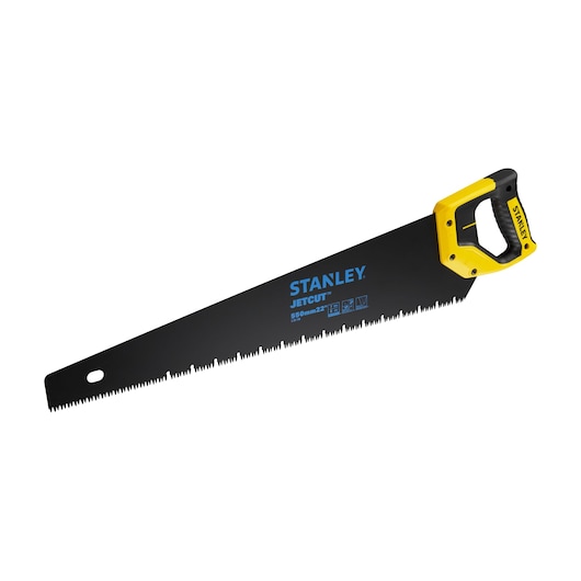 STANLEY 2-20-149 hand saw with black blade, yellow and black ergonomic handle, side angle, photography.