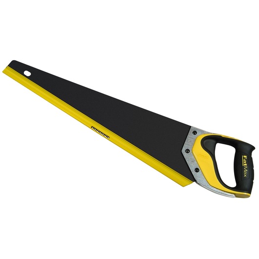 Photo of STANLEY 2-20-529 hand saw, black and yellow blade with ergonomic handle, FatMax series, side angle.