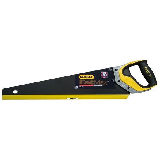 STANLEY 2-20-529 FatMax hand saw with black and yellow handle, side angle, photography.
