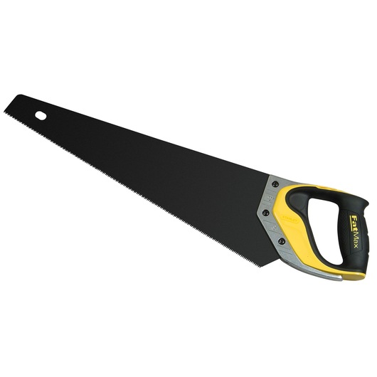 STANLEY 2-20-533 hand saw with black blade and yellow-black ergonomic handle, side view, on white background.