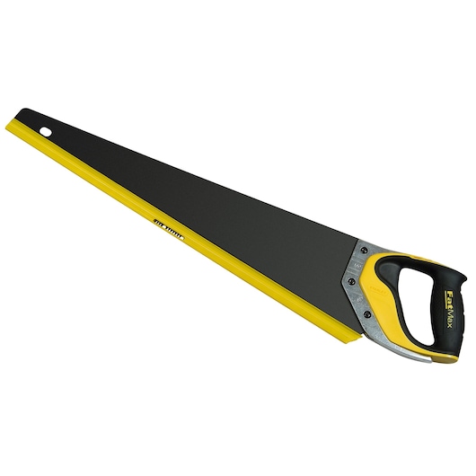 Photo of STANLEY 2-20-534 hand saw with black blade and yellow handle, side angle, product photography.