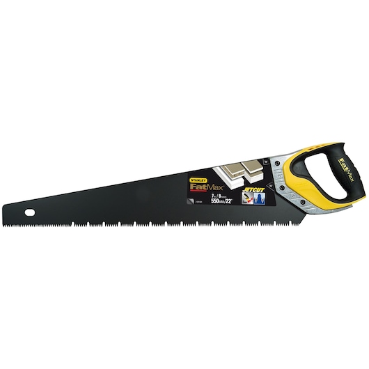 STANLEY 2-20-534 hand saw, FatMax JetCut, 22 inch blade, black and yellow ergonomic handle, right side view.