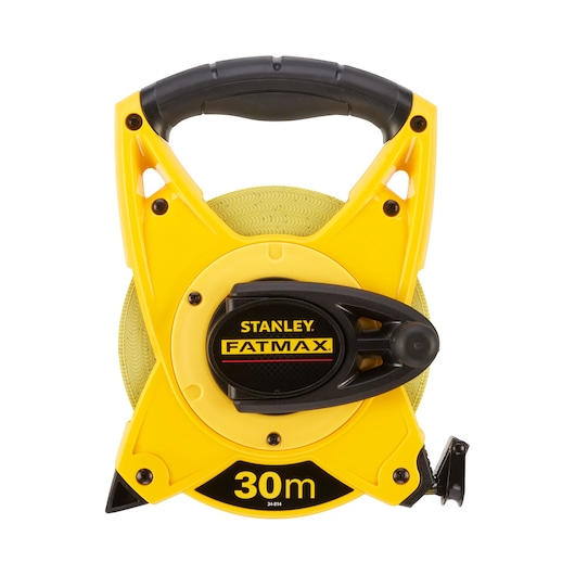 Stanley 2-34-814 FatMax 30m measuring tape, yellow and black, front angle, photography product.