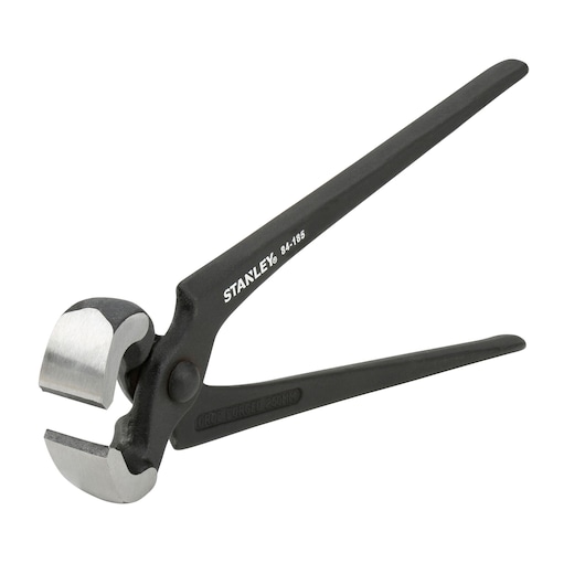 Stanley 2-84-185 end cutting pliers with black handles and metallic jaws on a white background.