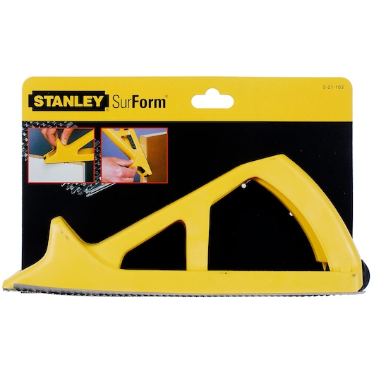 Photo of STANLEY 5-21-103 hand rasp with yellow plastic handle and SurForm blade, side angle on packaging.