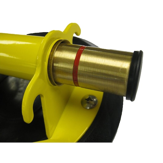 STANLEY 6-97-187 close-up photography of yellow and brass tool part with red marking, side angle.