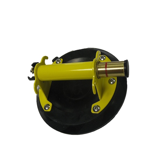 STANLEY 6-97-187 yellow hand-operated suction cup lifter, front view on white background.