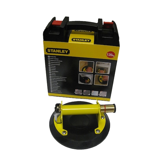 Stanley 6-97-187 photography of yellow and black suction lifter tool with carry case, front angle.
