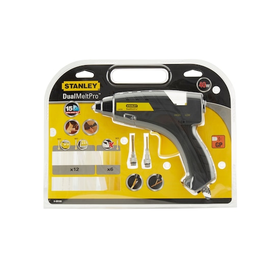 STANLEY 6-GR100 glue gun set in retail packaging, featuring DualMeltPro black and yellow glue gun and accessories, front angle.