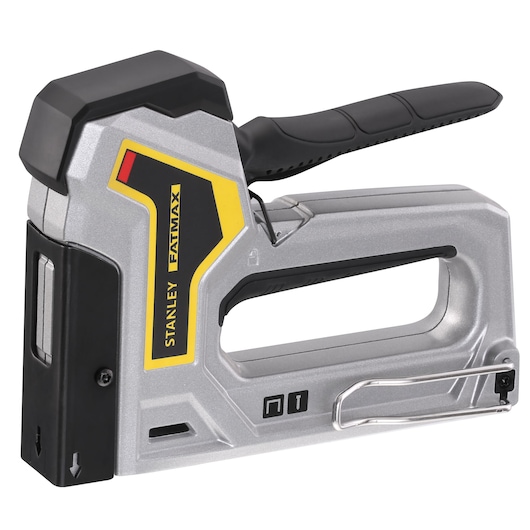 STANLEY 6-TR350 staple gun, silver and black, side angle, FATMAX label visible.