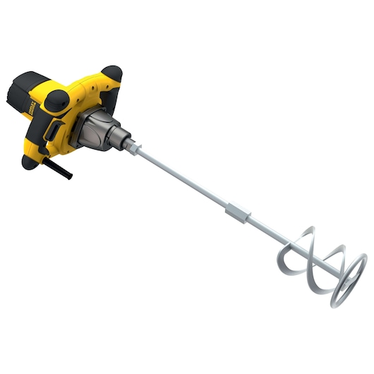 Photo of STANLEY FME190 electric mixer with spiral paddle, black and yellow, side angle on white background.