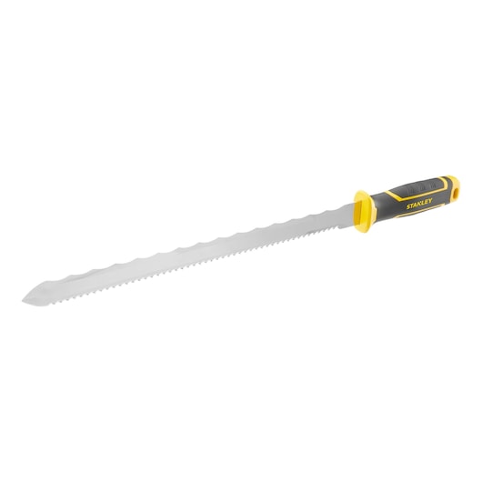STANLEY FMHT0-10327 long serrated hand saw with black and yellow handle, side angle, on white background.