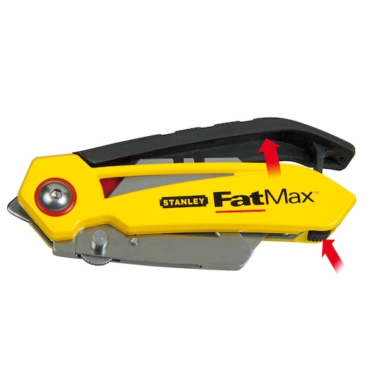 STANLEY FMHT0-10827 FatMax folding utility knife, shown closed, yellow and black, side angle.