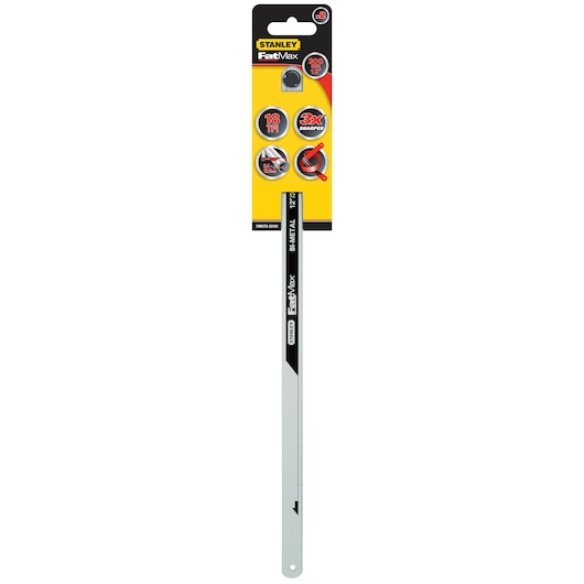 STANLEY FMHT0-20194 hacksaw blade, FatMax branding, 18 TPI, 12 inch, front view, black and silver.