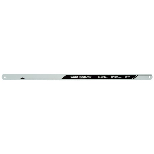 STANLEY FMHT0-20196 bi-metal 12 inch saw blade, black and silver, front angle, product photography.