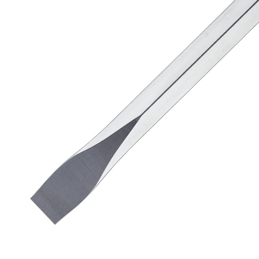 STANLEY FMHT0-62619 flathead screwdriver blade, silver and black, close-up on white background.
