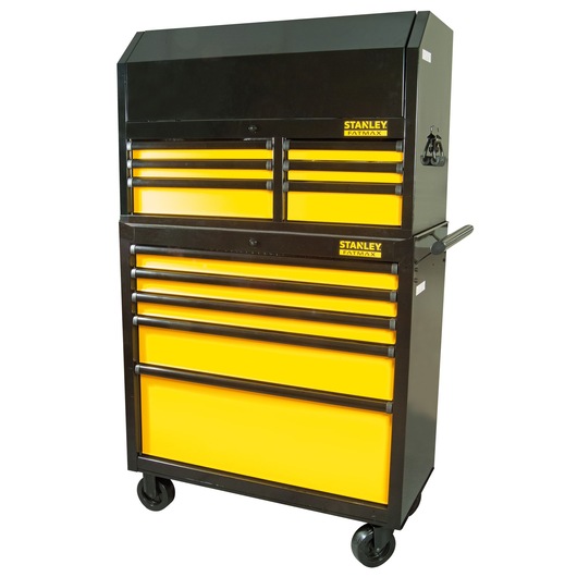 STANLEY FMHT0-74027 tool chest, yellow and black, with drawers and wheels, photography, front angle.