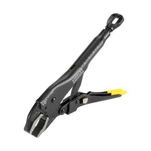 Stanley adjustable locking pliers with black and yellow handle, designed for gripping and turning objects.