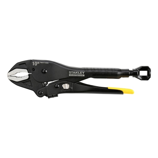 Stanley FatMax 10-inch locking pliers with a black and yellow handle, used for gripping and turning objects.