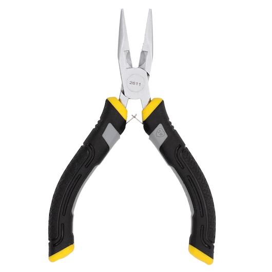 Stanley long nose pliers with black and yellow handles, designed for precision gripping and cutting.