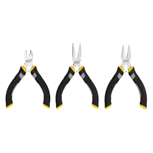Three Stanley pliers with black and yellow handles, arranged side by side on a white background.