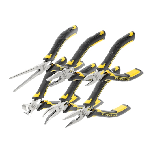Set of six STANLEY pliers with black and yellow handles displayed on a white background.