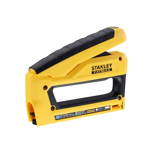 STANLEY FMHT0-80551 yellow and black hand stapler, side angle, FATMAX branding.