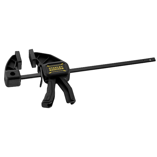 STANLEY FMHT0-83231 bar clamp, black and yellow, side angle on white background.