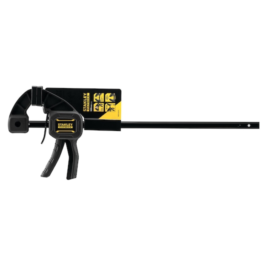 Stanley FMHT0-83233 bar clamp, black plastic and metal, side angle, with yellow branding label.
