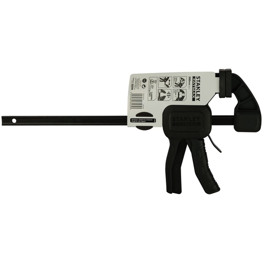 Photo of STANLEY FMHT0-83235 bar clamp with trigger handle, black, front angle on white background.