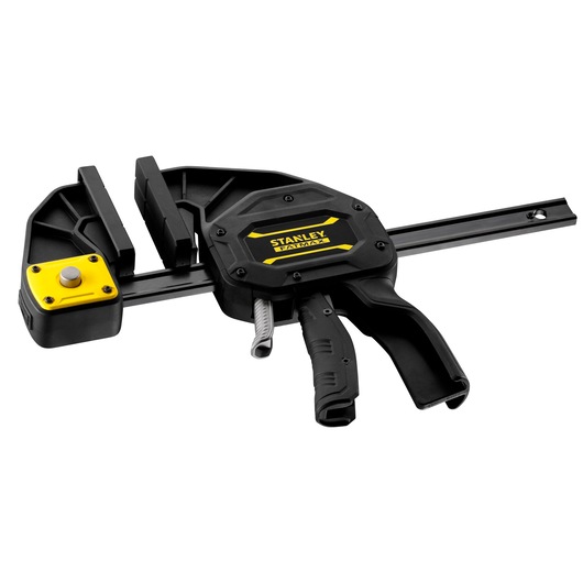 STANLEY FMHT0-83238 photography of black and yellow trigger clamp, front angle, on white background.