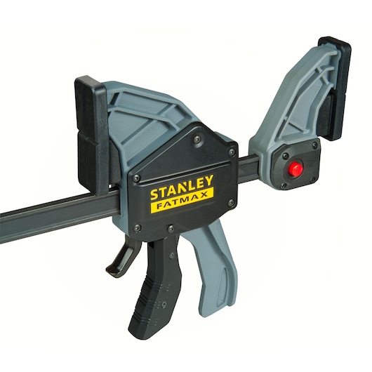 STANLEY FMHT0-83240 bar clamp with trigger handle, black and gray, product photography, side angle.