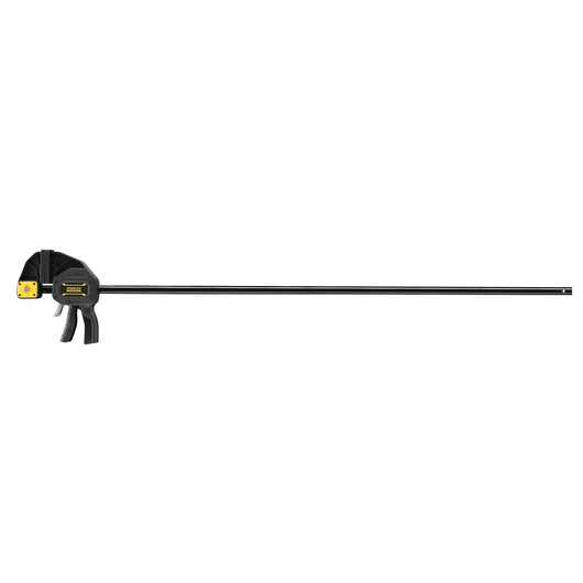 STANLEY FMHT0-83242 bar clamp with trigger handle, black and yellow, side angle, on white background.