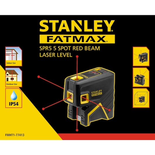 STANLEY FMHT1-77413 SPR5 5 spot red beam laser level, angled front view, black and yellow body.