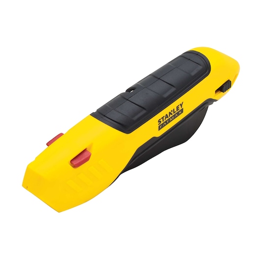 STANLEY FMHT10369-0 utility knife, yellow and black, angled view, with red safety buttons, hand tool.