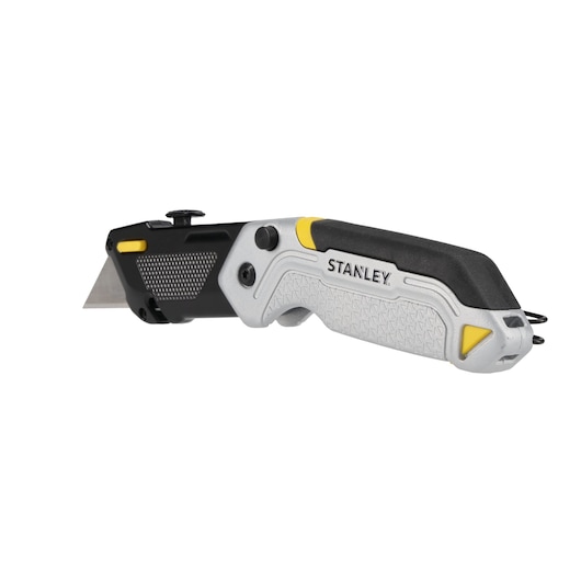 STANLEY FMHT10621-0 folding utility knife with silver, black, and yellow handle, side view, white background.